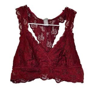Aerie Floral Lace Sexy Full Coverage Wireless Racerback Bralette Burgundy Large